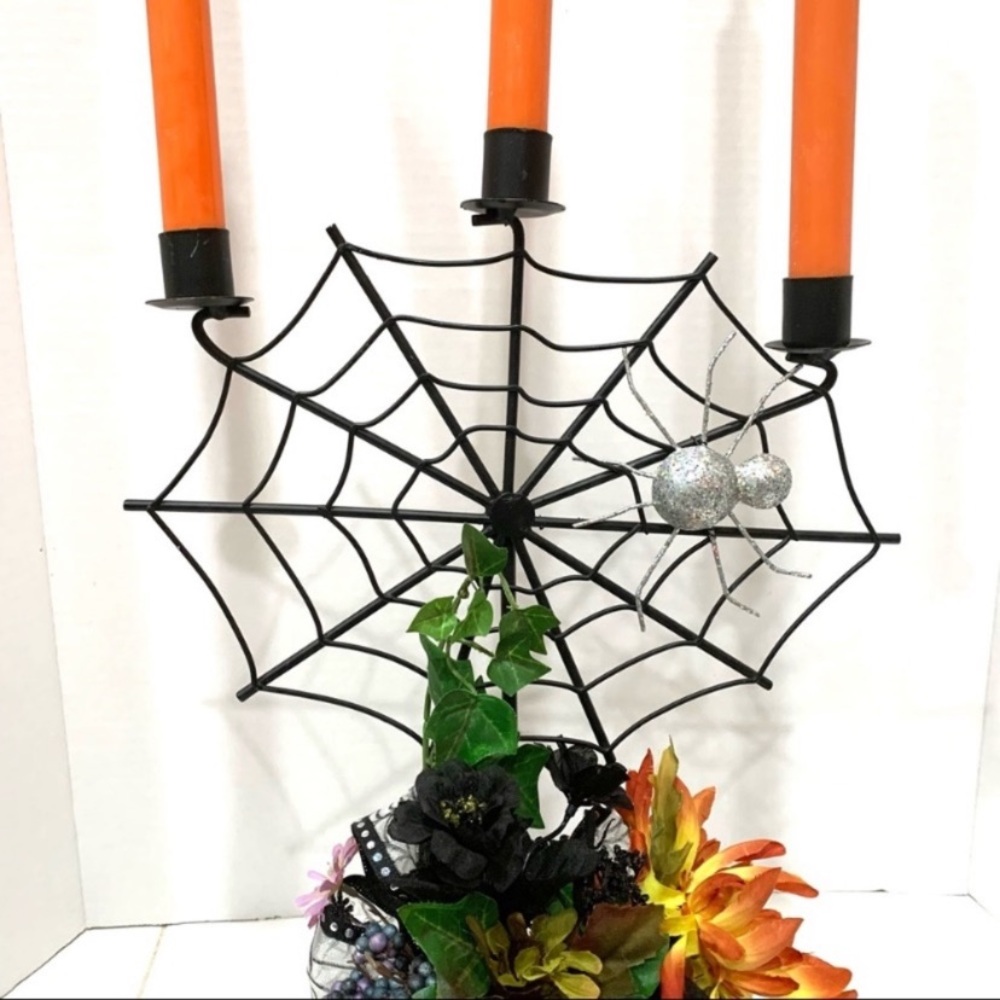 Spiderweb candelabra with added fall floral and orange candles - Picture 2 of 7